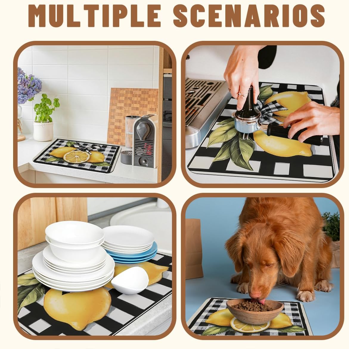 Lemon Dish Drying Mats 2 Pack Fruit Black White Checkered Bow Absorbent Draining Pad, Heat Resistant Drying Pad with Non-slip Rubber, Coffee Bar Mats for Coffee Machine Dish Rack 20"x12"