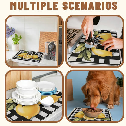 Lemon Dish Drying Mats 2 Pack Fruit Black White Checkered Bow Absorbent Draining Pad, Heat Resistant Drying Pad with Non-slip Rubber, Coffee Bar Mats for Coffee Machine Dish Rack 20"x12"