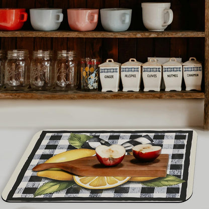 Lemon Dish Drying Mats 2 Pack Fruit Black White Checkered Bow Absorbent Draining Pad, Heat Resistant Drying Pad with Non-slip Rubber, Coffee Bar Mats for Coffee Machine Dish Rack 20"x12"