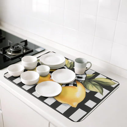 Lemon Dish Drying Mats 2 Pack Fruit Black White Checkered Bow Absorbent Draining Pad, Heat Resistant Drying Pad with Non-slip Rubber, Coffee Bar Mats for Coffee Machine Dish Rack 20"x12"