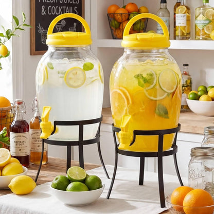 2 Pack 1.16 Gallon Drink Beverage Dispenser with Stand for Parties Plastic Water Lemonade Juice Dispenser with Spigot and Lid for Countertop Weddings(Yellow)