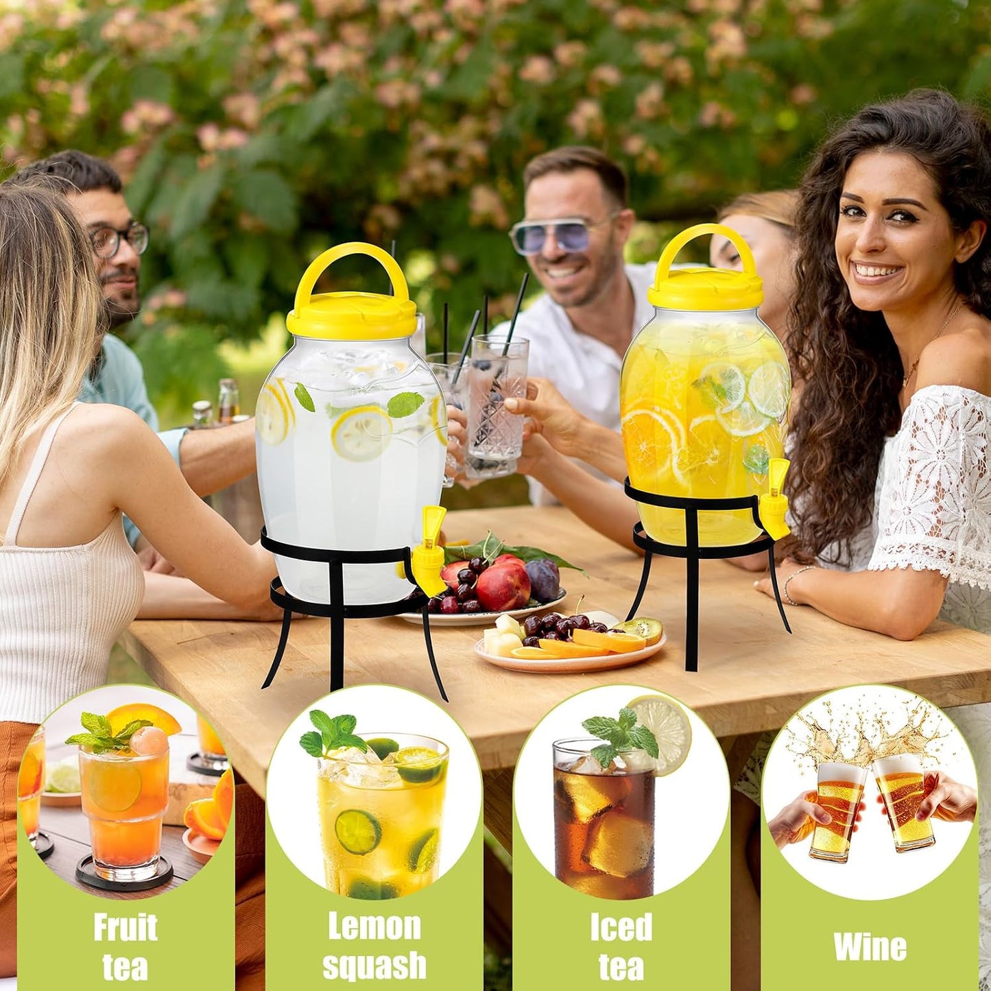 2 Pack 1.16 Gallon Drink Beverage Dispenser with Stand for Parties Plastic Water Lemonade Juice Dispenser with Spigot and Lid for Countertop Weddings(Yellow)