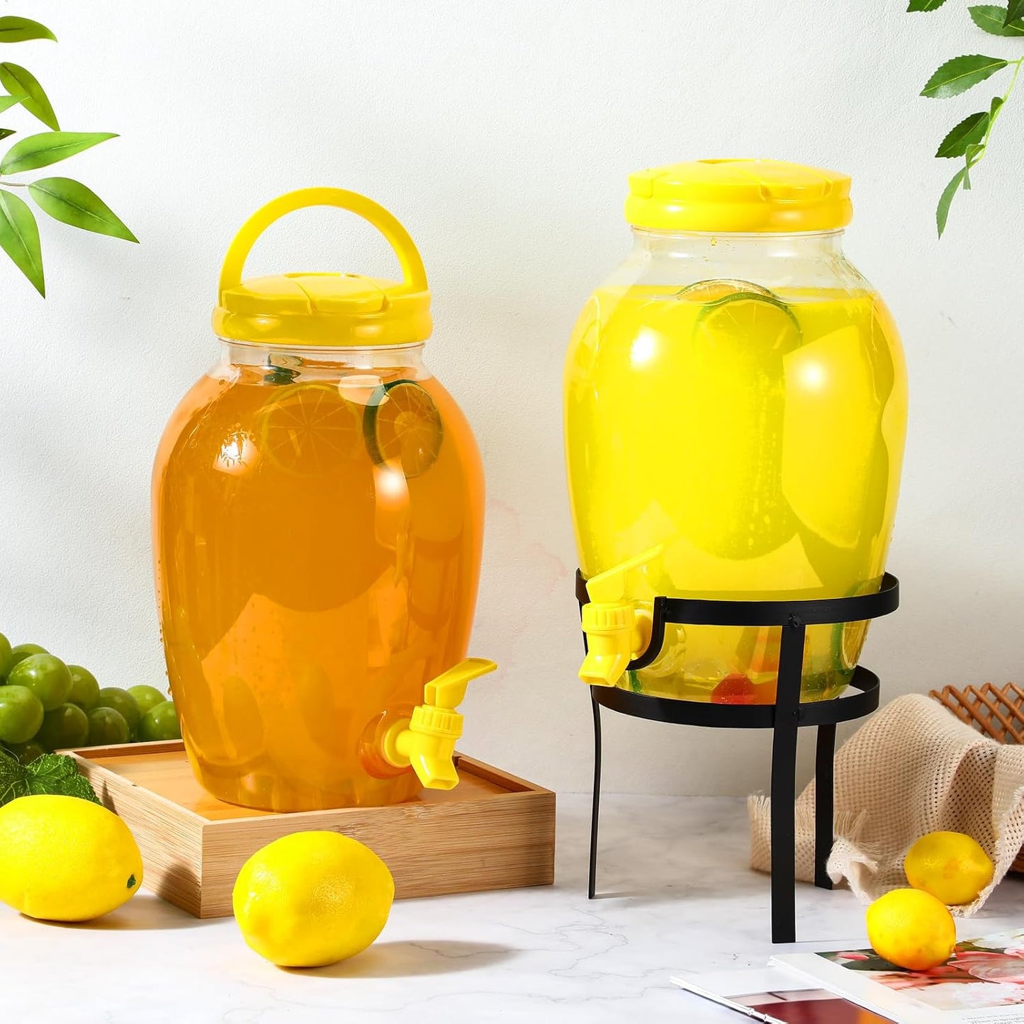 2 Pack 1.16 Gallon Drink Beverage Dispenser with Stand for Parties Plastic Water Lemonade Juice Dispenser with Spigot and Lid for Countertop Weddings(Yellow)