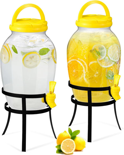 2 Pack 1.16 Gallon Drink Beverage Dispenser with Stand for Parties Plastic Water Lemonade Juice Dispenser with Spigot and Lid for Countertop Weddings(Yellow)