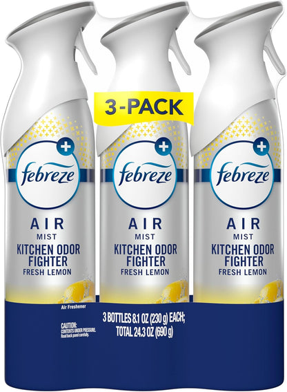 Air Mist, Air Freshener Spray, Odor Fighting Room Spray, Deodorizer for Home Bathroom Kitchen Office Apartment Dorm Room Classroom, Kitchen Odor Fighter Fresh Lemon Scent, 8.1oz, 3-pack