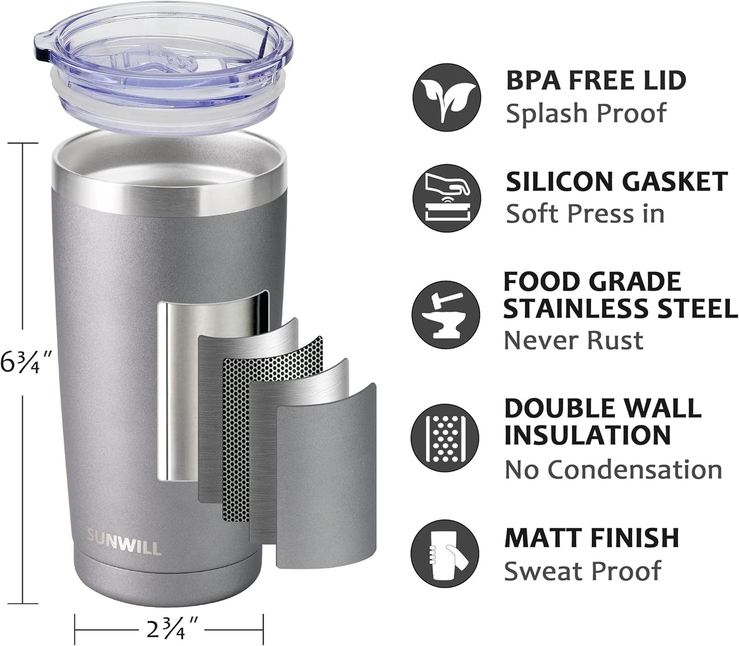 Travel Coffee Tumbler 20 oz, Insulated Mug with Lid, Stainless Steel Cup for Hot and Cold Drinks, Powder Coated Yellow