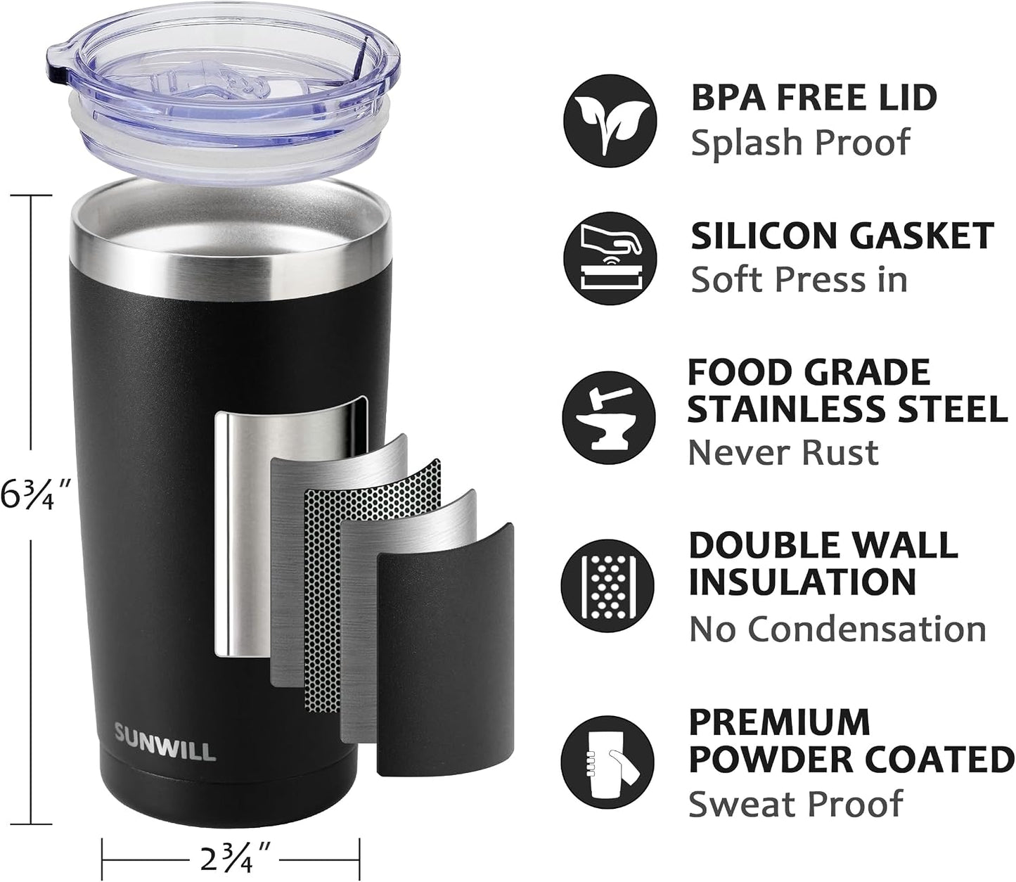 Travel Coffee Tumbler 20 oz, Insulated Mug with Lid, Stainless Steel Cup for Hot and Cold Drinks, Powder Coated Yellow