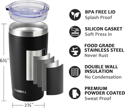 Travel Coffee Tumbler 20 oz, Insulated Mug with Lid, Stainless Steel Cup for Hot and Cold Drinks, Powder Coated Yellow