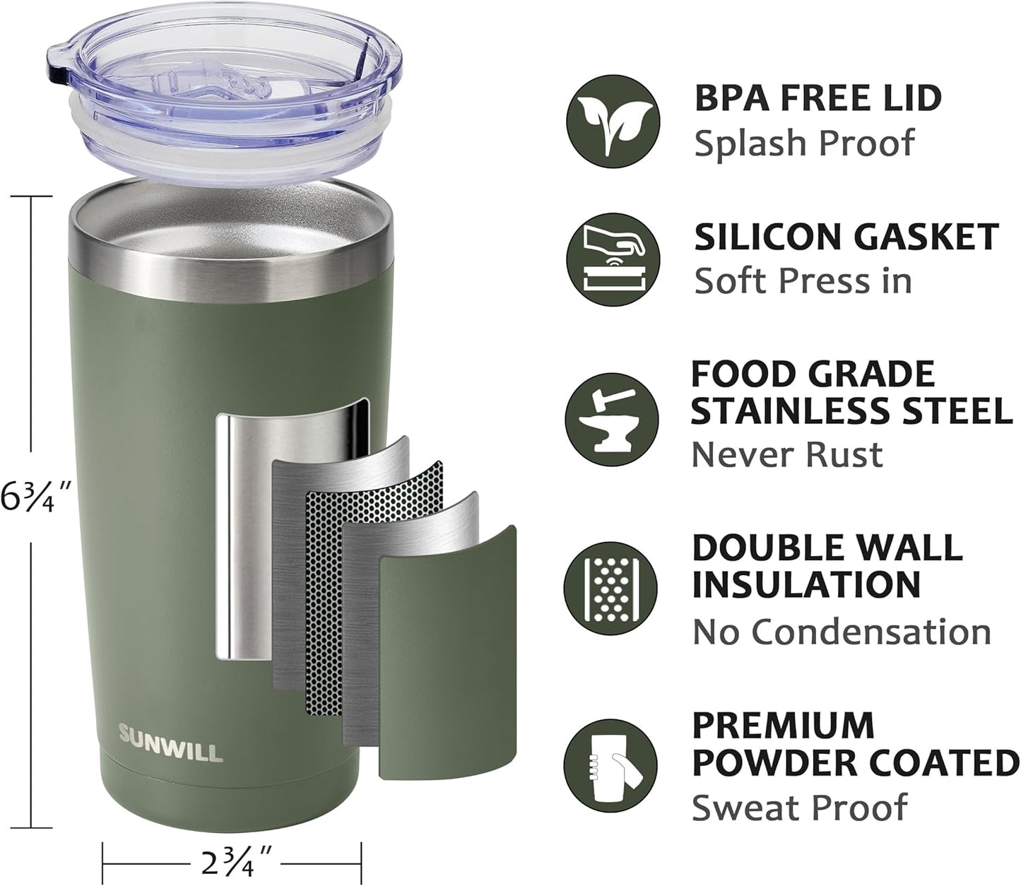 Travel Coffee Tumbler 20 oz, Insulated Mug with Lid, Stainless Steel Cup for Hot and Cold Drinks, Powder Coated Yellow