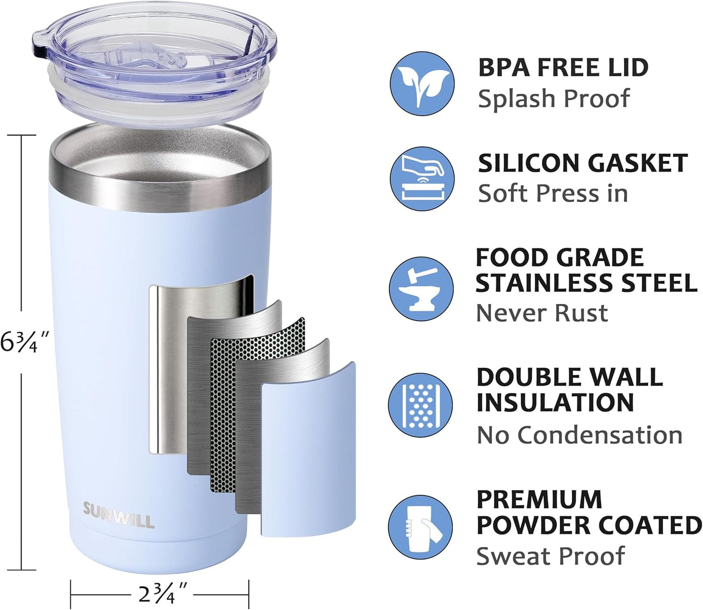 Travel Coffee Tumbler 20 oz, Insulated Mug with Lid, Stainless Steel Cup for Hot and Cold Drinks, Powder Coated Yellow