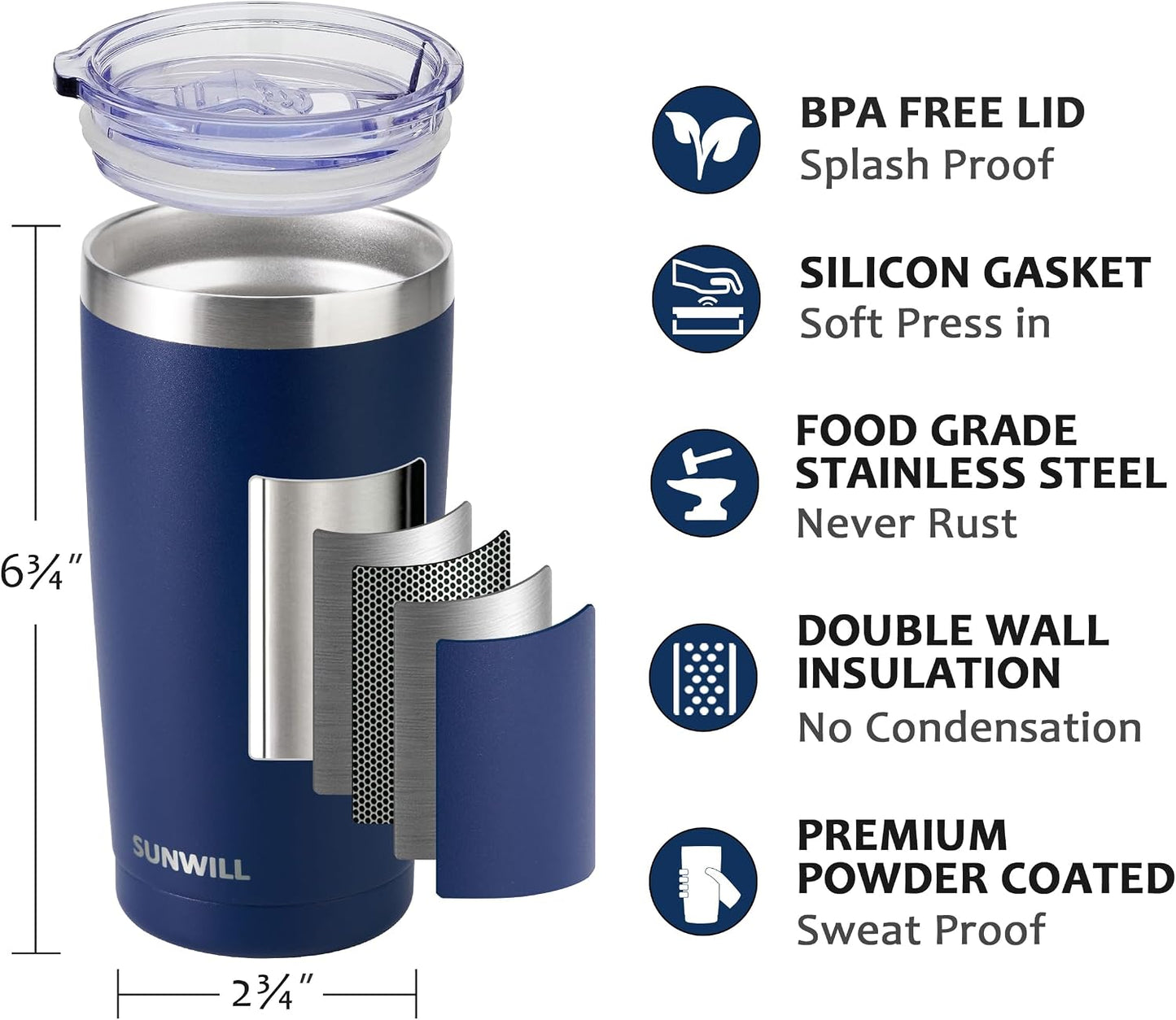 Travel Coffee Tumbler 20 oz, Insulated Mug with Lid, Stainless Steel Cup for Hot and Cold Drinks, Powder Coated Yellow