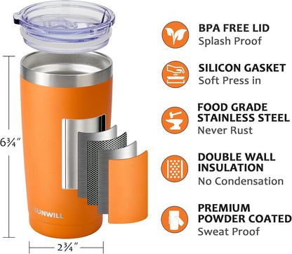 Travel Coffee Tumbler 20 oz, Insulated Mug with Lid, Stainless Steel Cup for Hot and Cold Drinks, Powder Coated Yellow