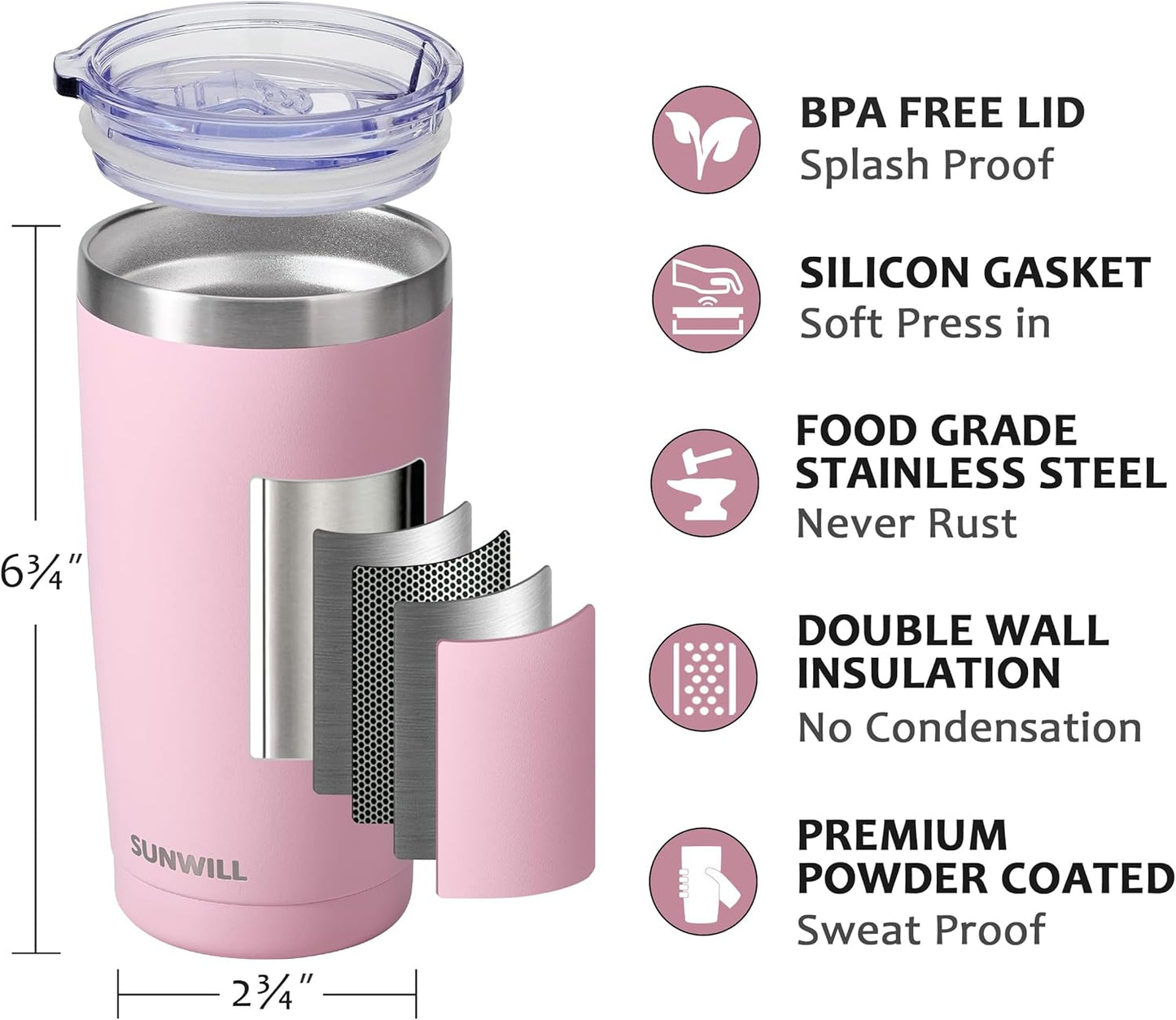 Travel Coffee Tumbler 20 oz, Insulated Mug with Lid, Stainless Steel Cup for Hot and Cold Drinks, Powder Coated Yellow