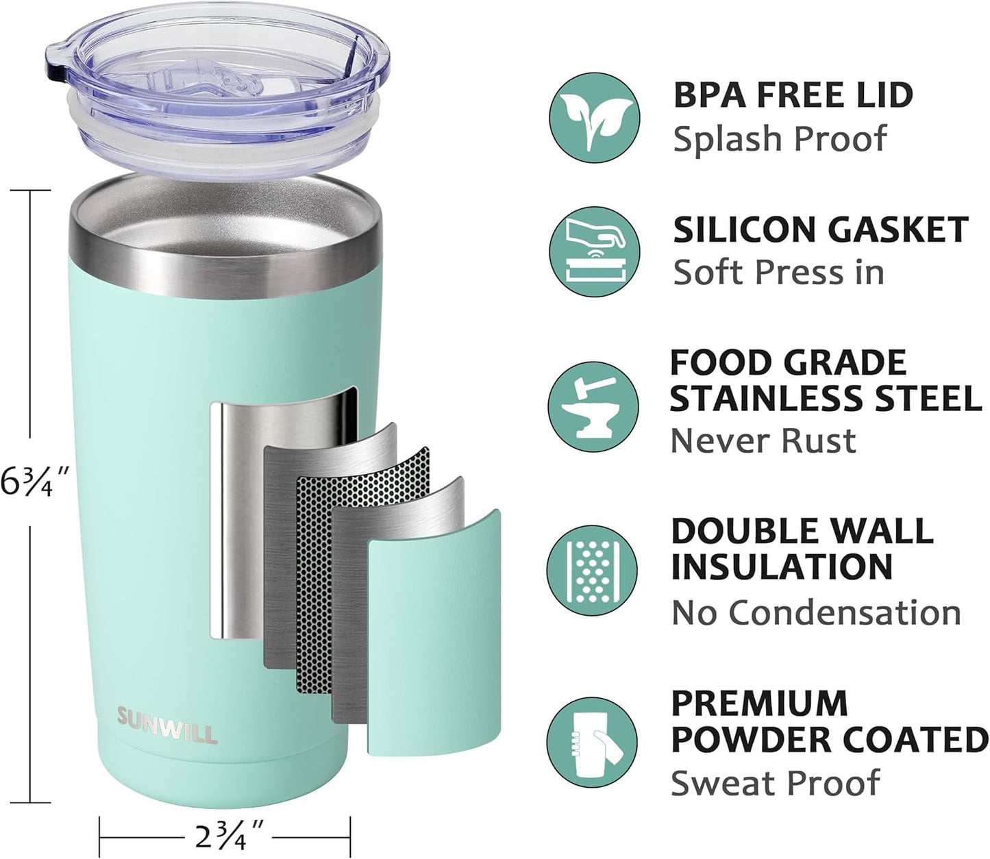 Travel Coffee Tumbler 20 oz, Insulated Mug with Lid, Stainless Steel Cup for Hot and Cold Drinks, Powder Coated Yellow