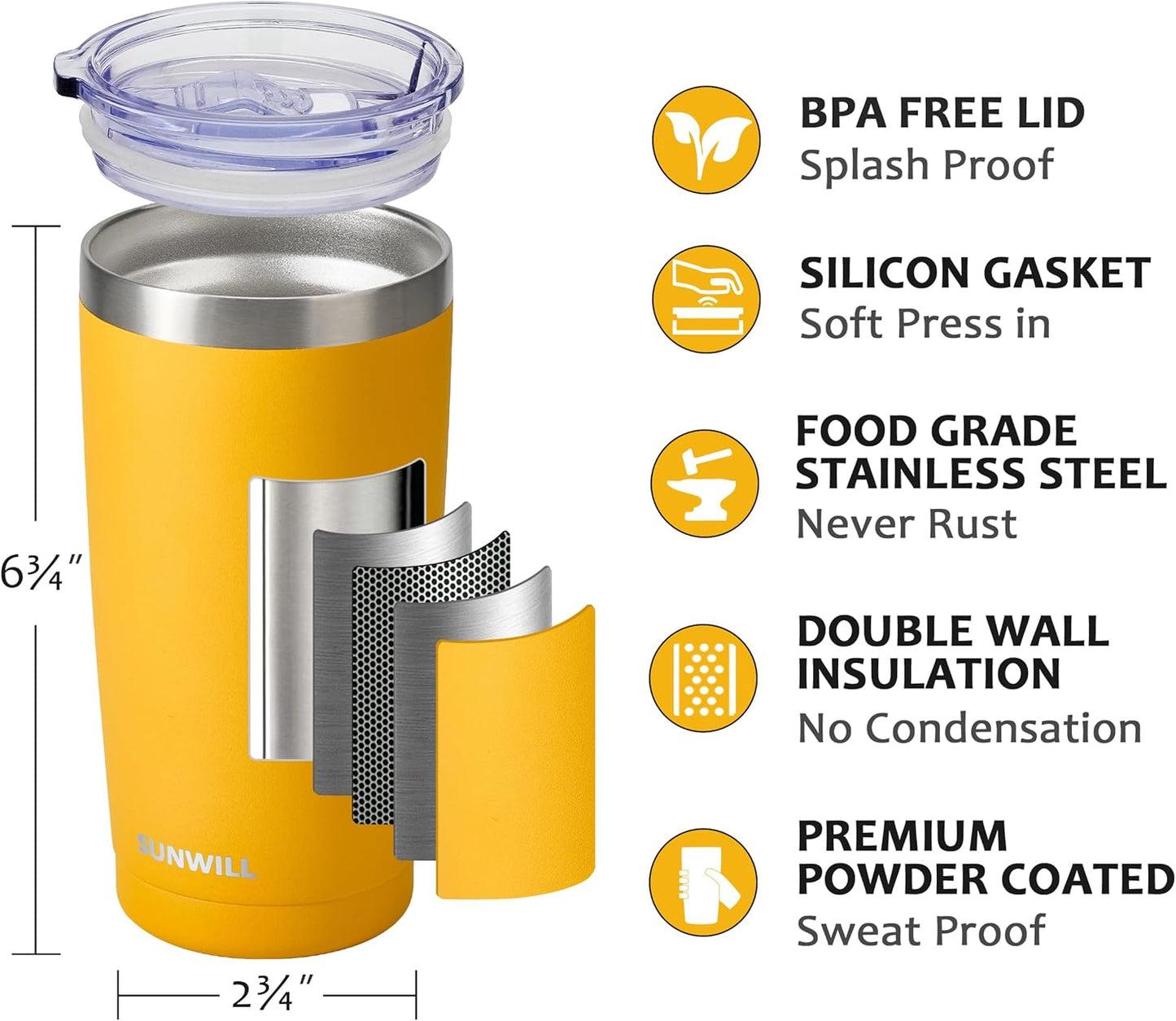 Travel Coffee Tumbler 20 oz, Insulated Mug with Lid, Stainless Steel Cup for Hot and Cold Drinks, Powder Coated Yellow