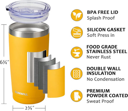 Travel Coffee Tumbler 20 oz, Insulated Mug with Lid, Stainless Steel Cup for Hot and Cold Drinks, Powder Coated Yellow