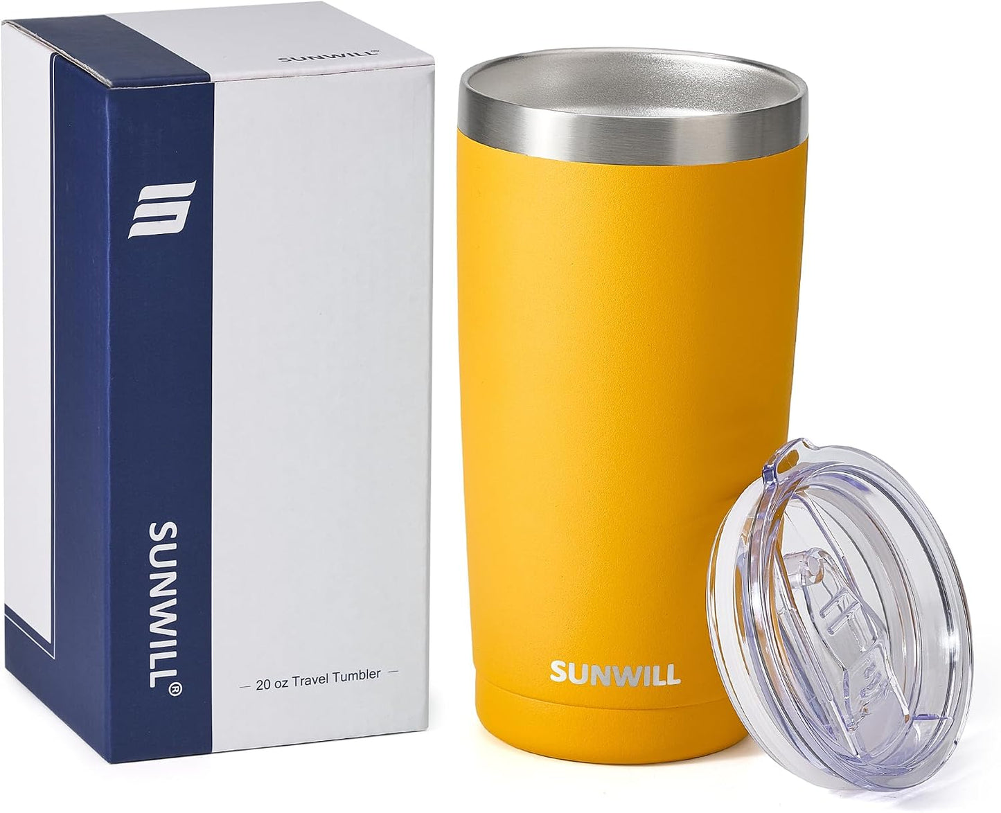 Travel Coffee Tumbler 20 oz, Insulated Mug with Lid, Stainless Steel Cup for Hot and Cold Drinks, Powder Coated Yellow