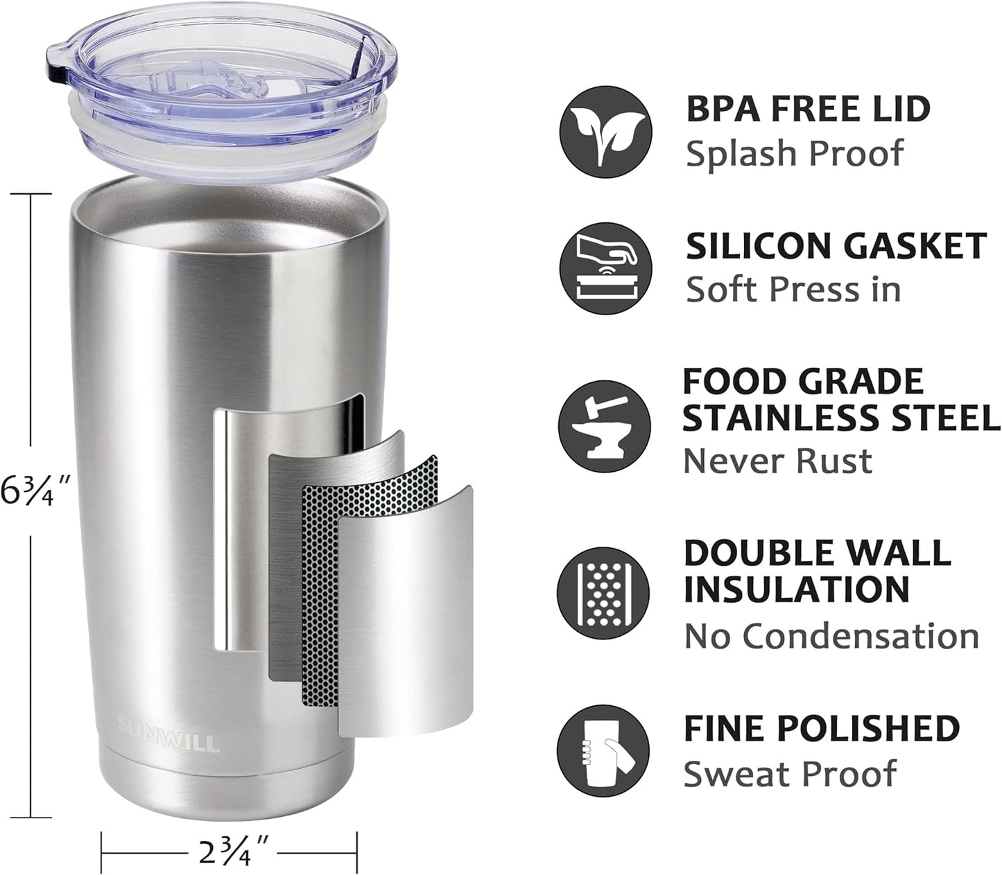 Travel Coffee Tumbler 20 oz, Insulated Mug with Lid, Stainless Steel Cup for Hot and Cold Drinks, Powder Coated Yellow