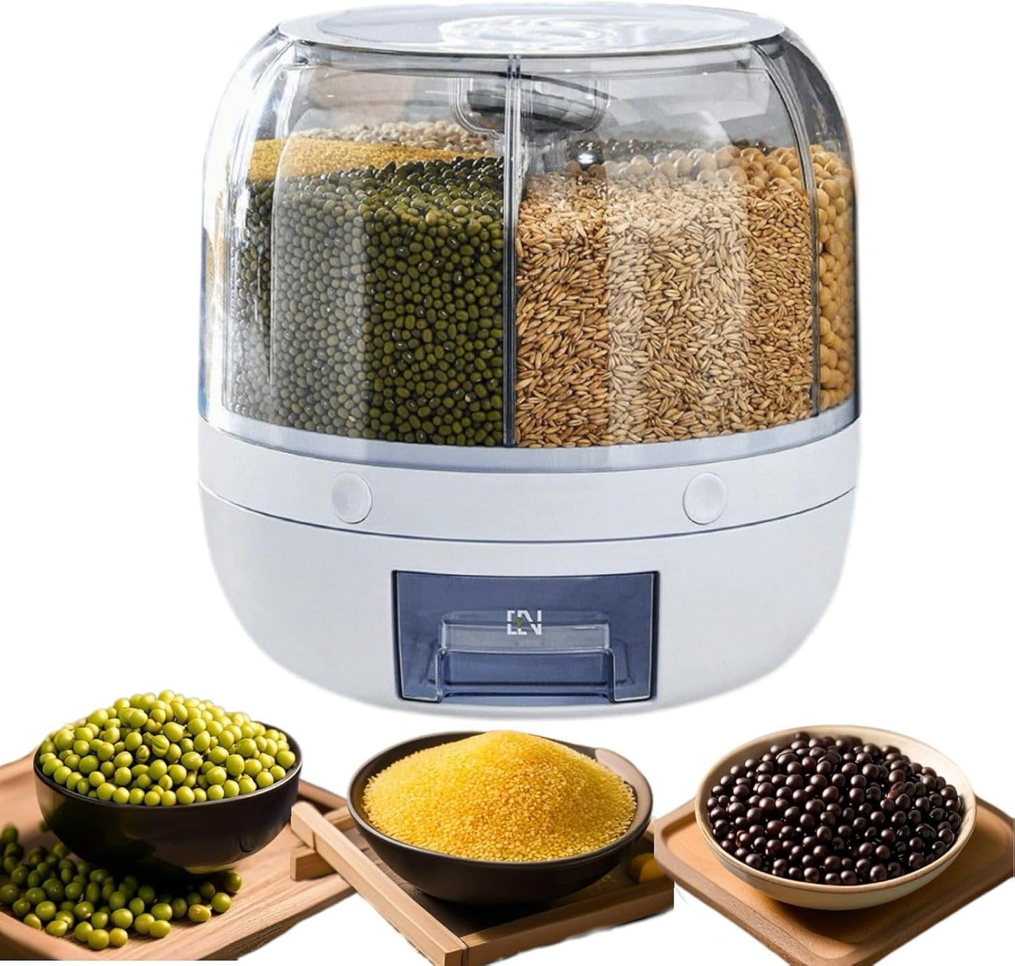 Rotating Dry Storage 6 Grid Cereal Storage Container Dispenser Countertop, Grain Organizer and Dispenser Round 360 Food Rotating Dispenser for Store Rice, Red Beans, Yellow Beans