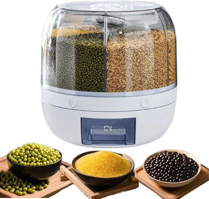 Rotating Dry Storage 6 Grid Cereal Storage Container Dispenser Countertop, Grain Organizer and Dispenser Round 360 Food Rotating Dispenser for Store Rice, Red Beans, Yellow Beans
