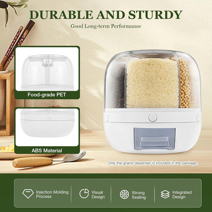 Rotating Dry Storage 6 Grid Cereal Storage Container Dispenser Countertop, Grain Organizer and Dispenser Round 360 Food Rotating Dispenser for Store Rice, Red Beans, Yellow Beans