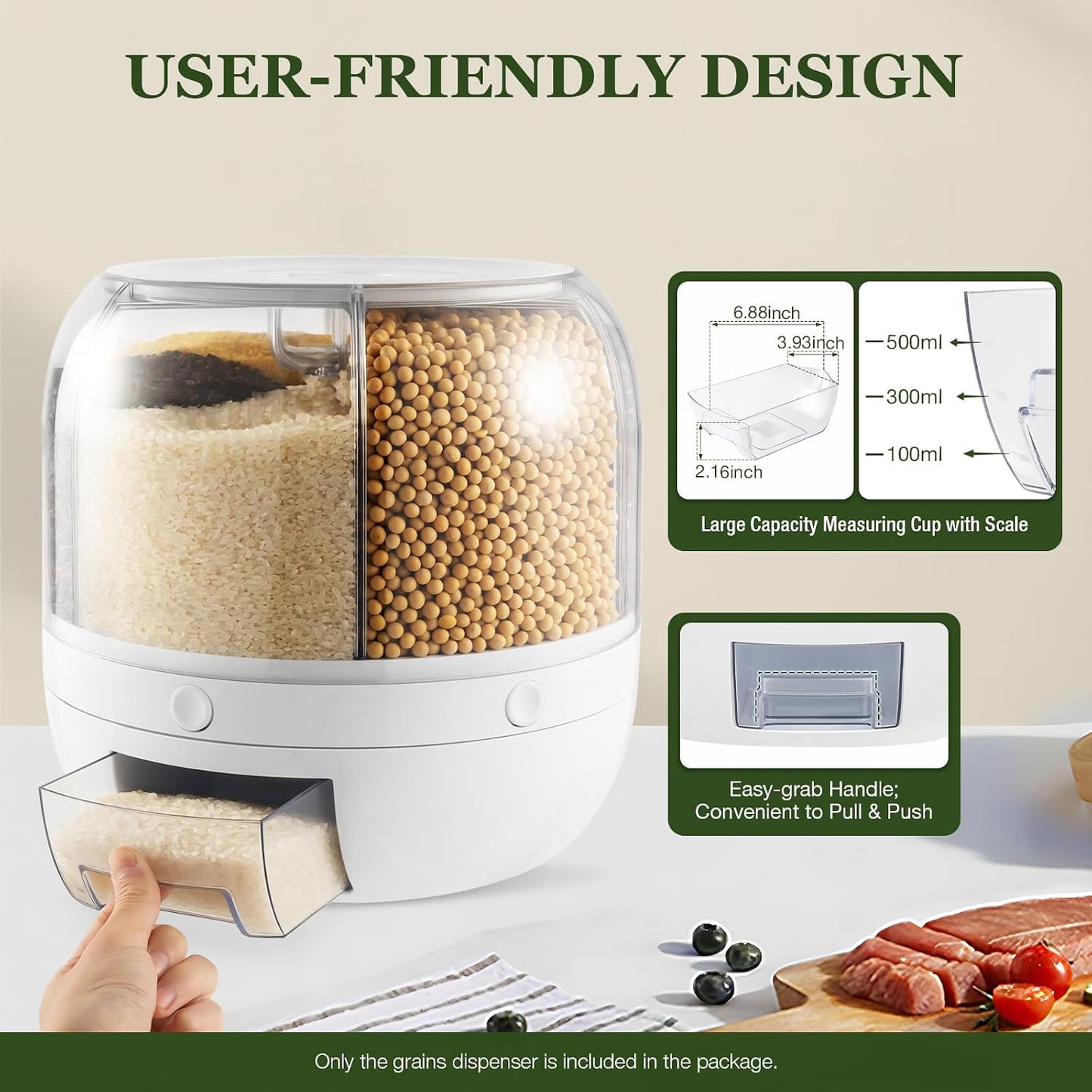 Rotating Dry Storage 6 Grid Cereal Storage Container Dispenser Countertop, Grain Organizer and Dispenser Round 360 Food Rotating Dispenser for Store Rice, Red Beans, Yellow Beans