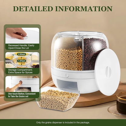 Rotating Dry Storage 6 Grid Cereal Storage Container Dispenser Countertop, Grain Organizer and Dispenser Round 360 Food Rotating Dispenser for Store Rice, Red Beans, Yellow Beans