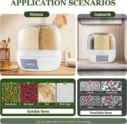 Rotating Dry Storage 6 Grid Cereal Storage Container Dispenser Countertop, Grain Organizer and Dispenser Round 360 Food Rotating Dispenser for Store Rice, Red Beans, Yellow Beans