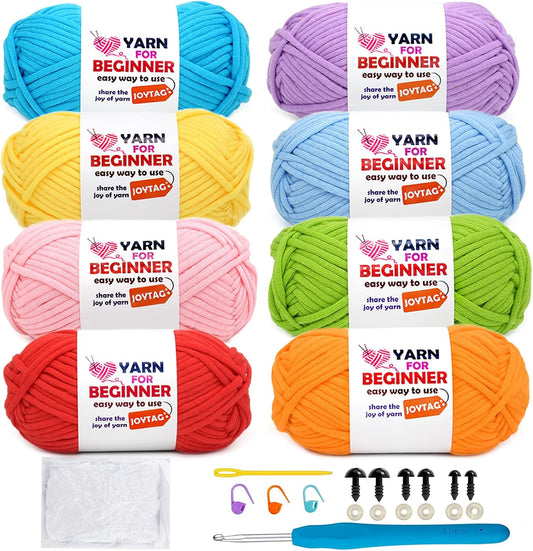 8 Pack Beginners Crochet Yarn Blue Green Yellow Red Cotton Crochet Yarn for Crocheting Knitting Beginners with Easy-to-See Stitches Crochet Yarn for Beginners Crochet Kit(8x50g)-Bright Mix