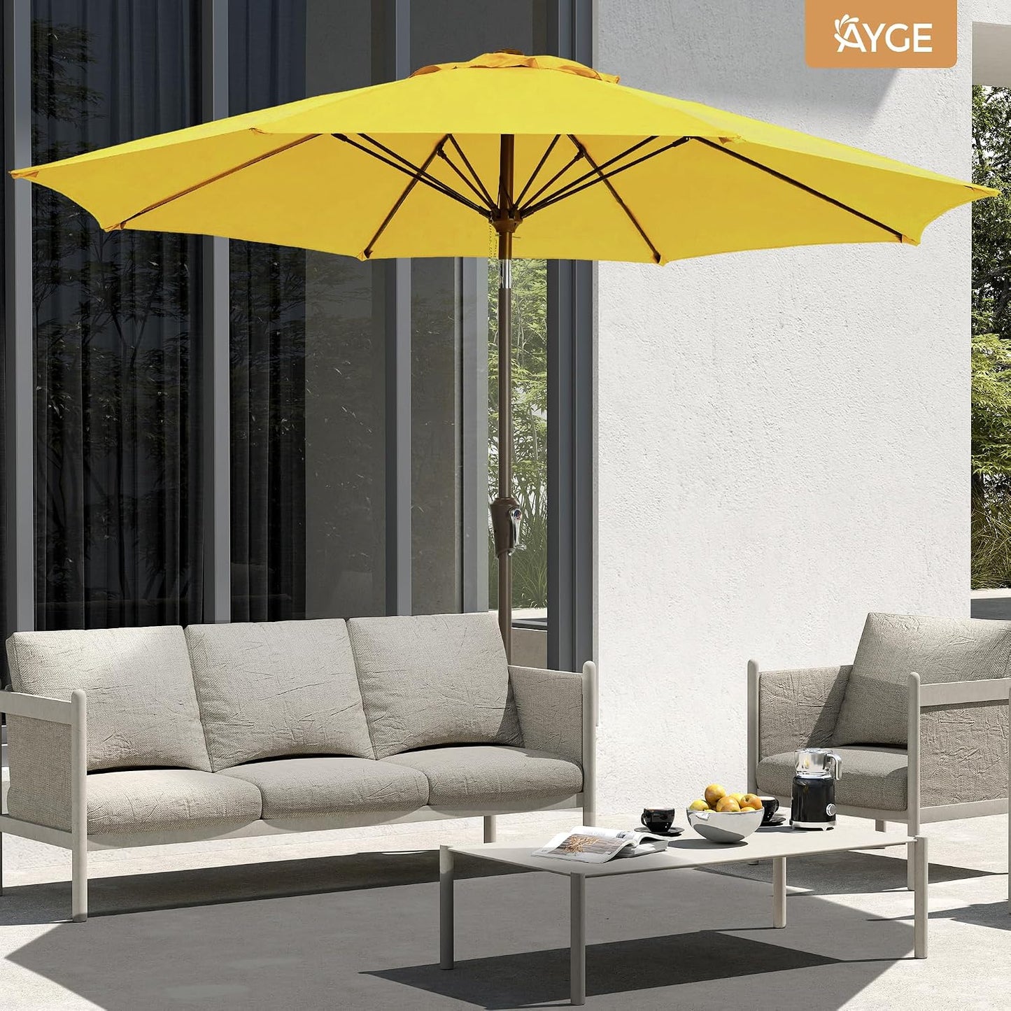 Patio Umbrella 9FT Outdoor Umbrella Patio for garden yellow | Fiberglass ribs rust-proof pole. Push-button tilt & crank. UPF50+ waterproof canopy. For garden, deck, patio, and pool.