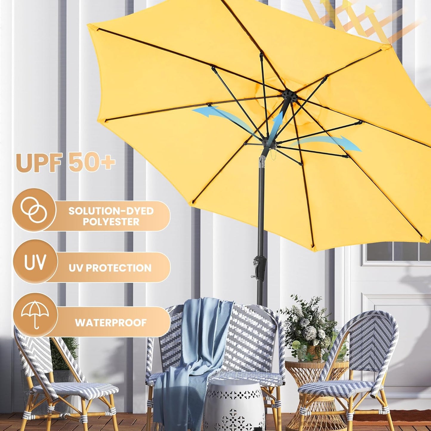 Patio Umbrella 9FT Outdoor Umbrella Patio for garden yellow | Fiberglass ribs rust-proof pole. Push-button tilt & crank. UPF50+ waterproof canopy. For garden, deck, patio, and pool.