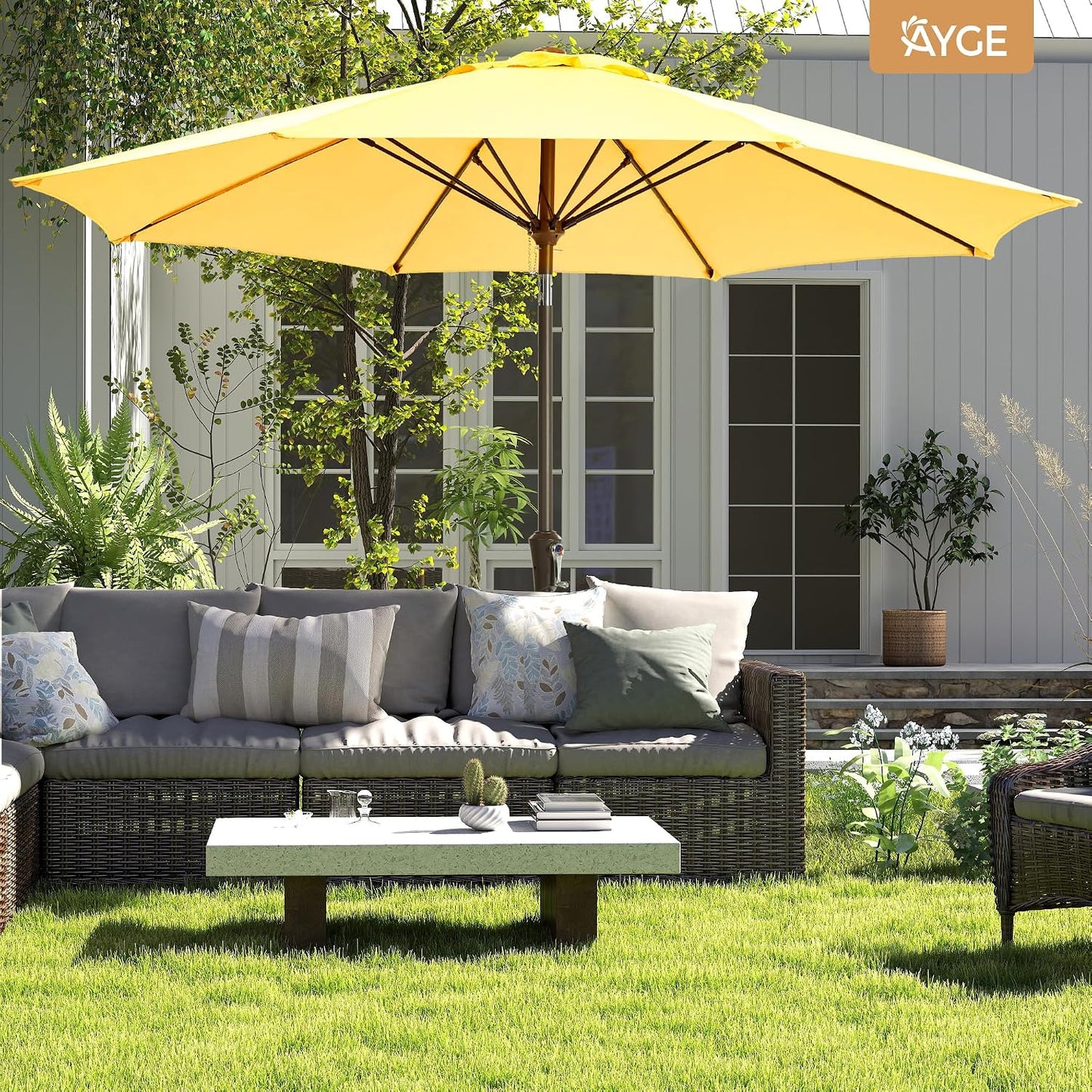 Patio Umbrella 9FT Outdoor Umbrella Patio for garden yellow | Fiberglass ribs rust-proof pole. Push-button tilt & crank. UPF50+ waterproof canopy. For garden, deck, patio, and pool.
