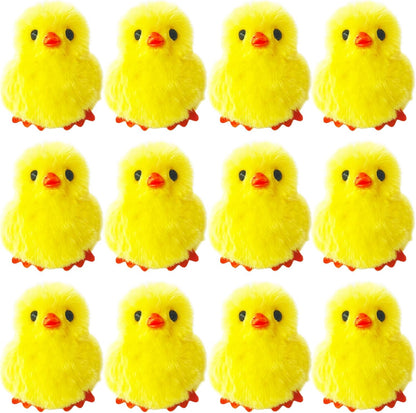 12 Pcs Easter Fluffy Chicks,3.4 Inch Yellow Soft Plush Chicks Figurines,Mini Furry Chicks for Home Easter Basket Stuffers Party Favors Decors