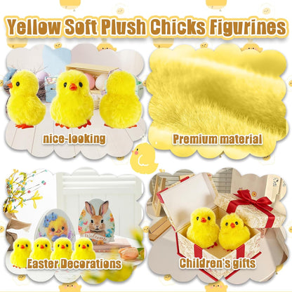 12 Pcs Easter Fluffy Chicks,3.4 Inch Yellow Soft Plush Chicks Figurines,Mini Furry Chicks for Home Easter Basket Stuffers Party Favors Decors