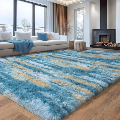 Abstract Rugs for Living Room, 5x7 Area Rug for Bedroom Girls Kids Room, Fluffy Blue and Yellow Shag Carpet, Soft Non Slip Aesthetic Decor for Home