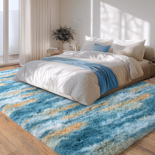 Abstract Rugs for Living Room, 5x7 Area Rug for Bedroom Girls Kids Room, Fluffy Blue and Yellow Shag Carpet, Soft Non Slip Aesthetic Decor for Home