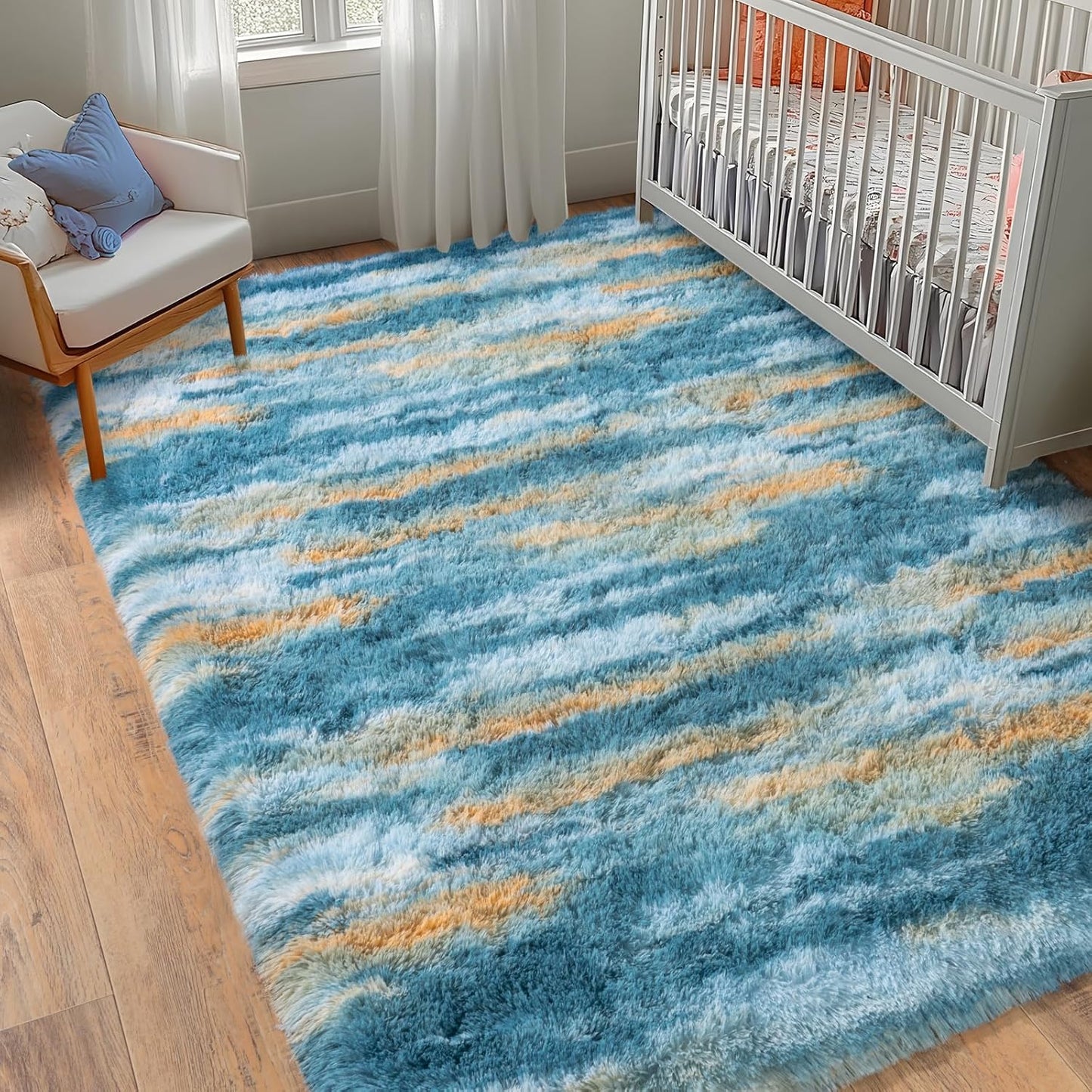 Abstract Rugs for Living Room, 5x7 Area Rug for Bedroom Girls Kids Room, Fluffy Blue and Yellow Shag Carpet, Soft Non Slip Aesthetic Decor for Home
