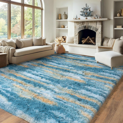 Abstract Rugs for Living Room, 5x7 Area Rug for Bedroom Girls Kids Room, Fluffy Blue and Yellow Shag Carpet, Soft Non Slip Aesthetic Decor for Home