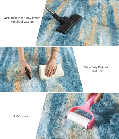 Abstract Rugs for Living Room, 5x7 Area Rug for Bedroom Girls Kids Room, Fluffy Blue and Yellow Shag Carpet, Soft Non Slip Aesthetic Decor for Home