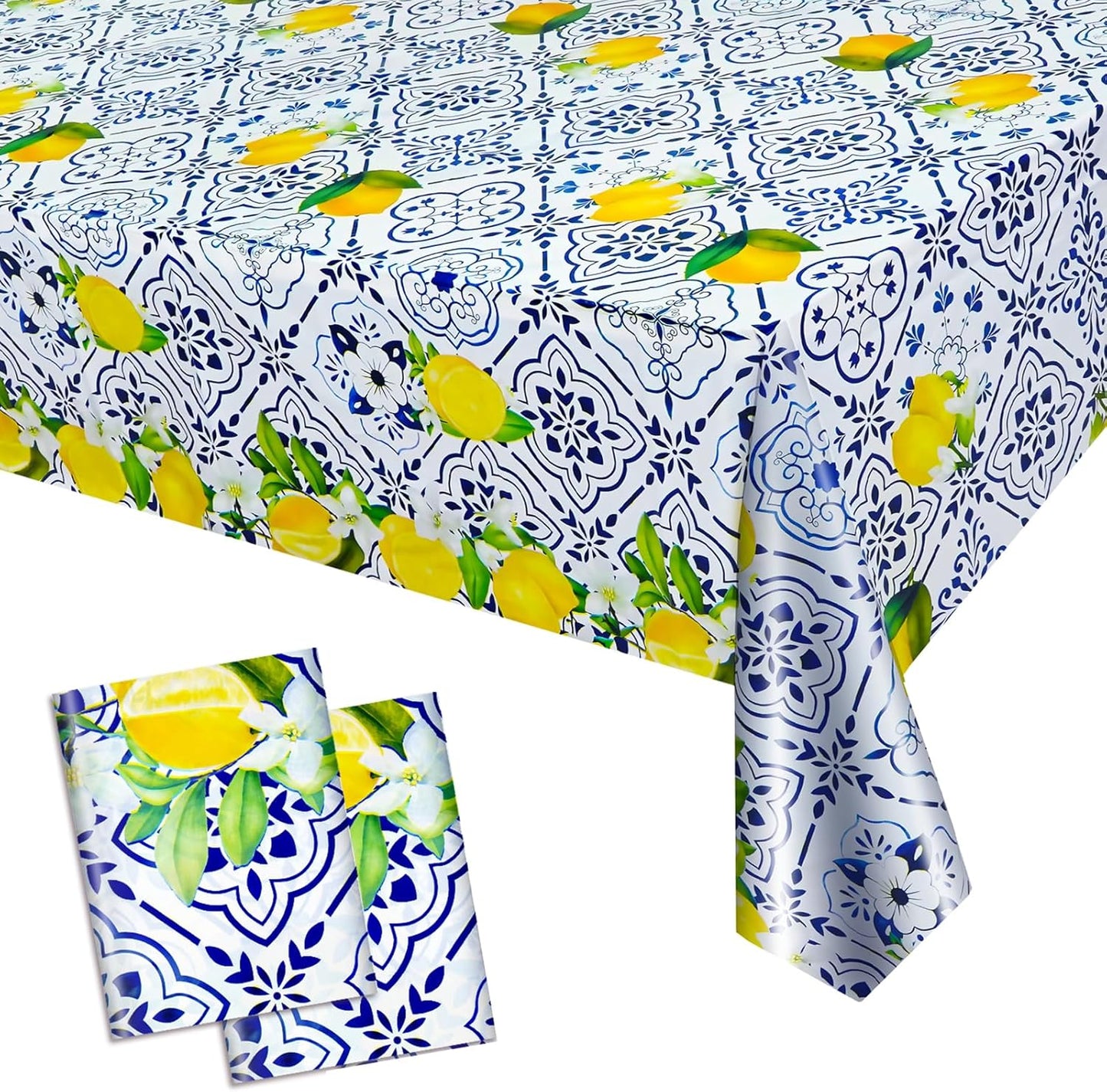 2 Pieces Lemon Tablecloth Disposable Lemon Table Cover Blue Tile Plastic Table Cloths for Baby Shower Italian Themed Party Decorations
