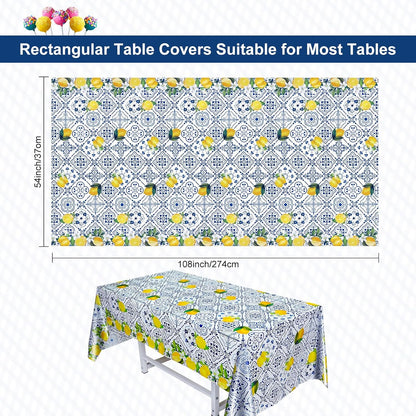 2 Pieces Lemon Tablecloth Disposable Lemon Table Cover Blue Tile Plastic Table Cloths for Baby Shower Italian Themed Party Decorations