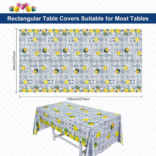 2 Pieces Lemon Tablecloth Disposable Lemon Table Cover Blue Tile Plastic Table Cloths for Baby Shower Italian Themed Party Decorations