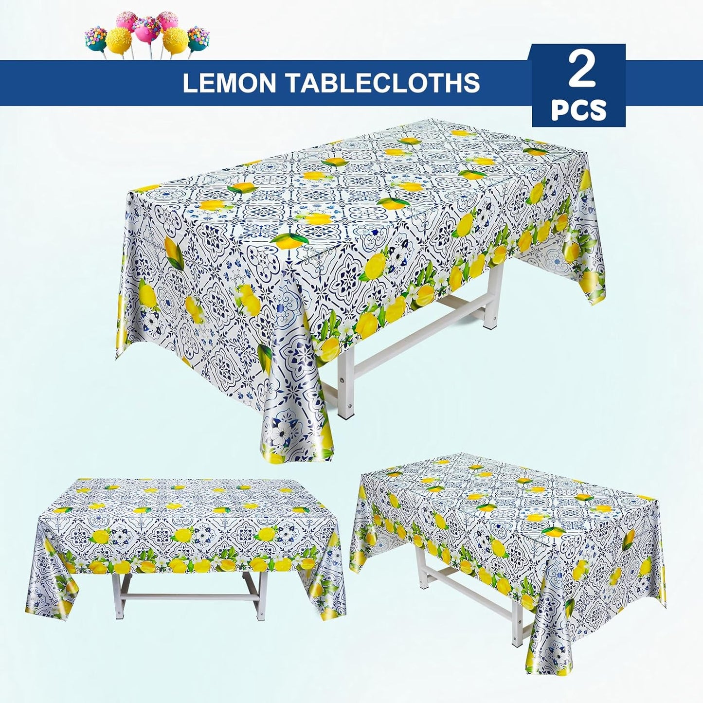 2 Pieces Lemon Tablecloth Disposable Lemon Table Cover Blue Tile Plastic Table Cloths for Baby Shower Italian Themed Party Decorations
