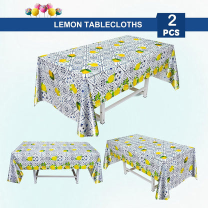 2 Pieces Lemon Tablecloth Disposable Lemon Table Cover Blue Tile Plastic Table Cloths for Baby Shower Italian Themed Party Decorations