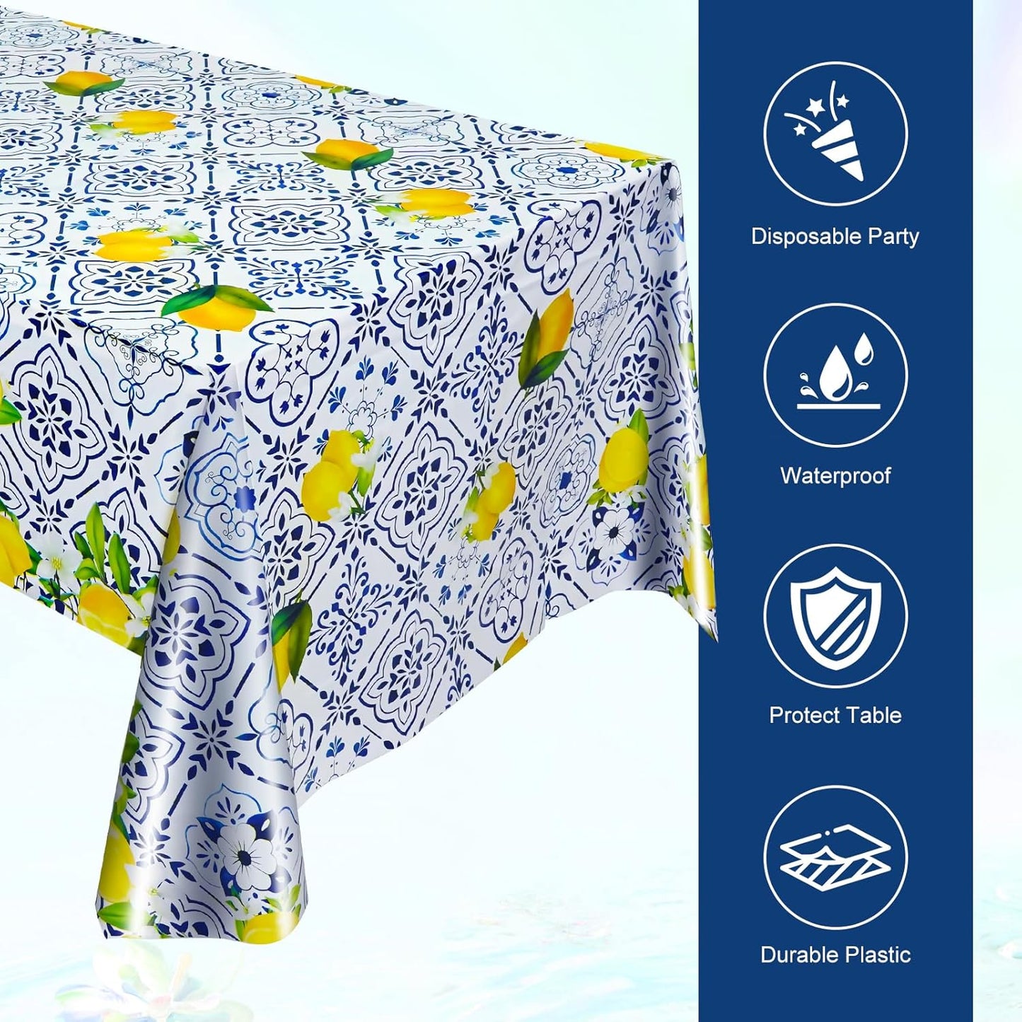 2 Pieces Lemon Tablecloth Disposable Lemon Table Cover Blue Tile Plastic Table Cloths for Baby Shower Italian Themed Party Decorations