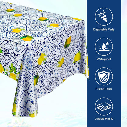 2 Pieces Lemon Tablecloth Disposable Lemon Table Cover Blue Tile Plastic Table Cloths for Baby Shower Italian Themed Party Decorations