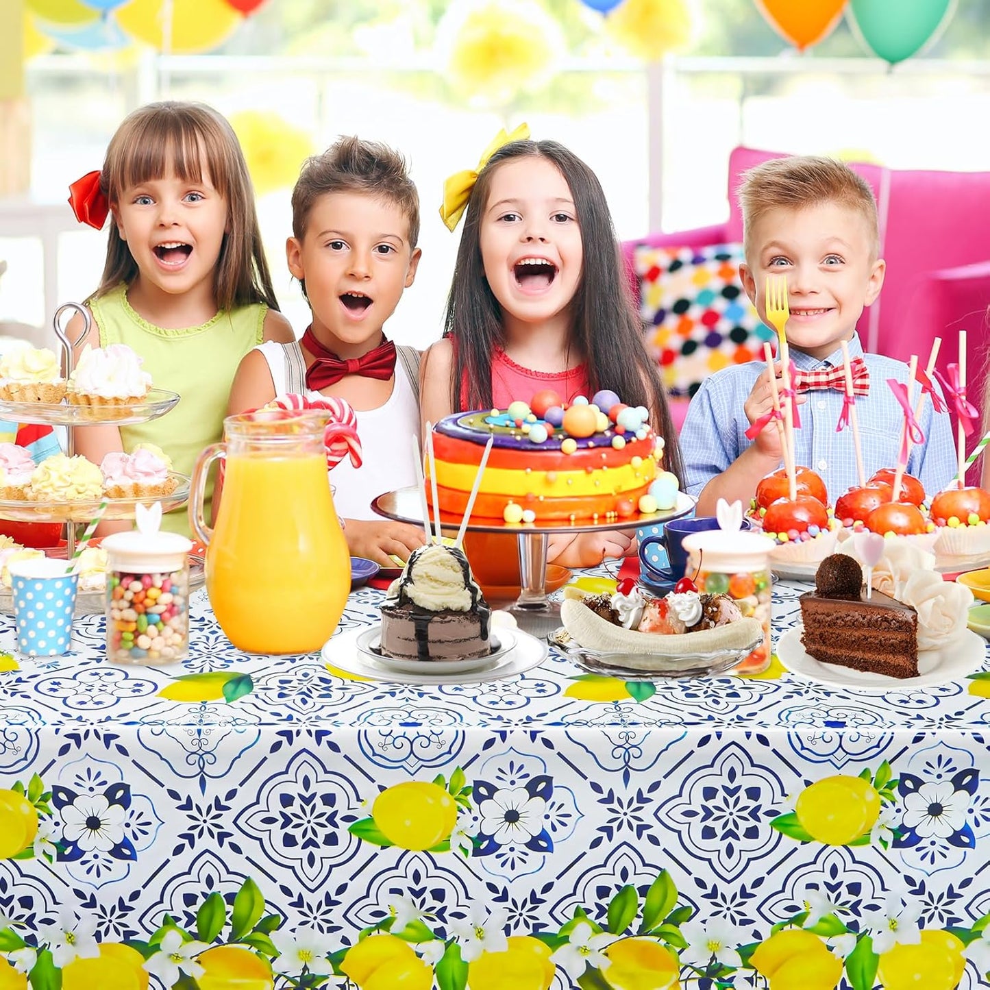 2 Pieces Lemon Tablecloth Disposable Lemon Table Cover Blue Tile Plastic Table Cloths for Baby Shower Italian Themed Party Decorations