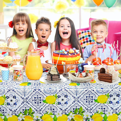 2 Pieces Lemon Tablecloth Disposable Lemon Table Cover Blue Tile Plastic Table Cloths for Baby Shower Italian Themed Party Decorations