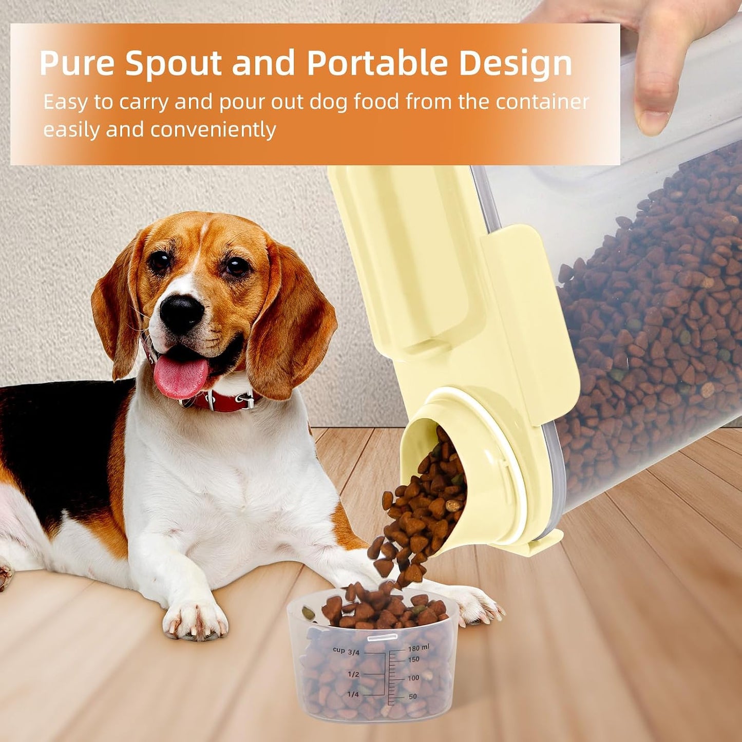 5-7Lbs Cat Dog Storage Container, Portable Pet Food Containers with Upgraded Large Spout and Cup, Small Animal Kibble Dispenser for Bird Seed, Oatmeal, Rice, Flour, Brown Sugart-Light Yellow