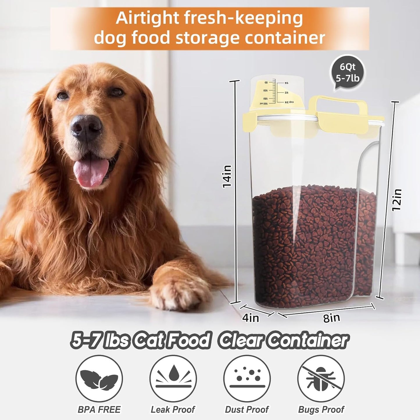 5-7Lbs Cat Dog Storage Container, Portable Pet Food Containers with Upgraded Large Spout and Cup, Small Animal Kibble Dispenser for Bird Seed, Oatmeal, Rice, Flour, Brown Sugart-Light Yellow